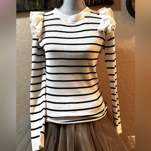 STYLUS Women's (M) Striped, Ruffled Shoulder Accent Long Sleeve Crew Sweater